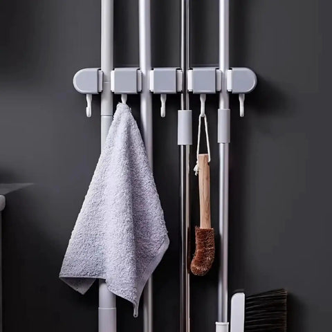 Heavy Duty Wall Mount Broom And Mop Organizer With 4 Racks And 5 Hooks For Bathroom Kitchen Garage Garden And Laundry Room Built To Last And Rust Resistant Storage Hanger with hanging cleaning tools