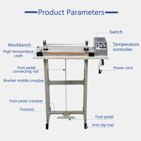 Heavy Duty Heat Sealing Machine For Plastic Bags With Adjustable Worktable Pedestal Stand Efficient Fast Packaging Solution Plus Film Cutter showing workbench, foot pedal, and temperature controller.