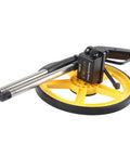Rugged Workhorse Mechanical Range Measuring Wheel Crushing Miles And Inches Up To Ninety Nine Hundred Ninety Nine Feet With Nifty Led Meter viewed from top with foldable handle and yellow wheel.