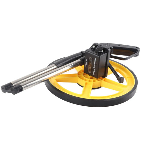 Rugged Workhorse Mechanical Range Measuring Wheel Crushing Miles And Inches Up To Ninety Nine Hundred Ninety Nine Feet With Nifty Led Meter viewed from top with foldable handle and yellow wheel.