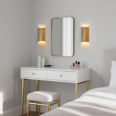 ZEROUNO Modern LED Wall Sconce Indoor Wall Lights Set of 2, Bronze Hardwired Up and Down Wall Mount Light for Living Room Bedroom Hallway Corridor Stairs Warm White 3000K with Replacement G9 Bulbs installed beside a mirror.