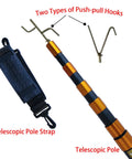 Two types of push-pull hooks on Heavy Duty 19.6ft Telescopic Cable Pulling Pole Made From High Density Carbon Fiber with pole strap.