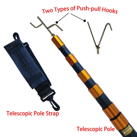 Two types of push-pull hooks on Heavy Duty 19.6ft Telescopic Cable Pulling Pole Made From High Density Carbon Fiber with pole strap.