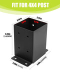 Front view of Beefy 4x4 Post Base Bracket in black, solid steel, showing dimensions for 4x4 post fitting, heavy-duty outdoor use.