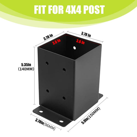Front view of Beefy 4x4 Post Base Bracket in black, solid steel, showing dimensions for 4x4 post fitting, heavy-duty outdoor use.