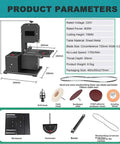 Diagram showing Powerhouse 800W Pure Copper Benchtop Bandsaw with 70mm cut height, dimensions, and accessory details.