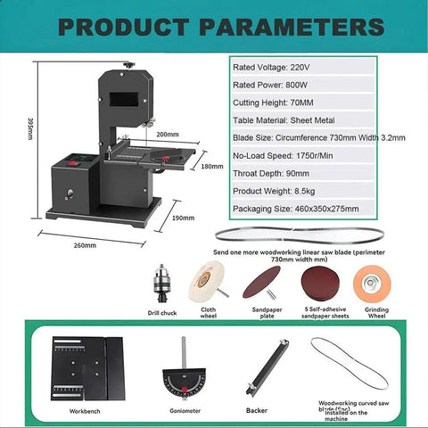 Diagram showing Powerhouse 800W Pure Copper Benchtop Bandsaw with 70mm cut height, dimensions, and accessory details.