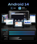 Badass Eight Inch Android 14 Rugged Tablet Packed With Zebra 4710 Barcode And QR Scanner display showing Android 14 features and performance metrics.