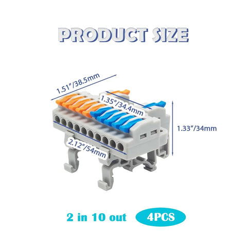 Din Rail Terminal Blocks 4 Pack With 8 Removable Rail Clips Quick Push In Wire Connectors dimensions with orange and blue clips
