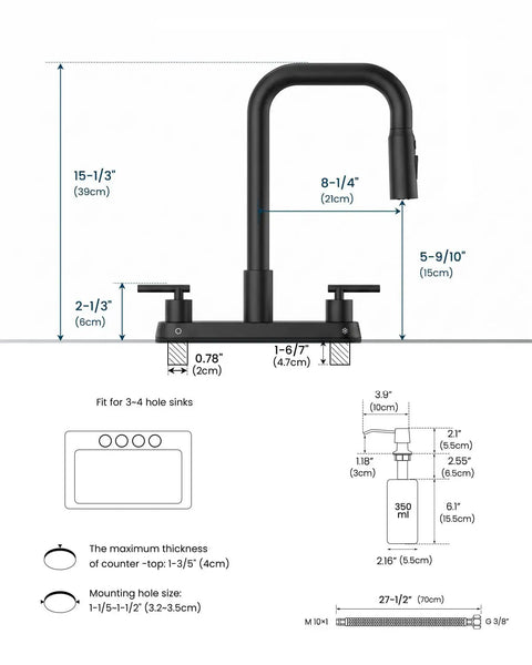 Dimensions and specifications of APPASO 4 Hole Kitchen Faucet Matte Black, Dual Handle with Soap Dispenser.