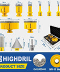 HIGHDRIL diamond drill bit kit for porcelain tile and concrete; yellow housing; includes 6–100mm bits and chamfer/finger bits