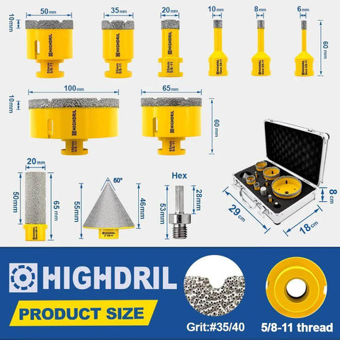 HIGHDRIL diamond drill bit kit for porcelain tile and concrete; yellow housing; includes 6–100mm bits and chamfer/finger bits