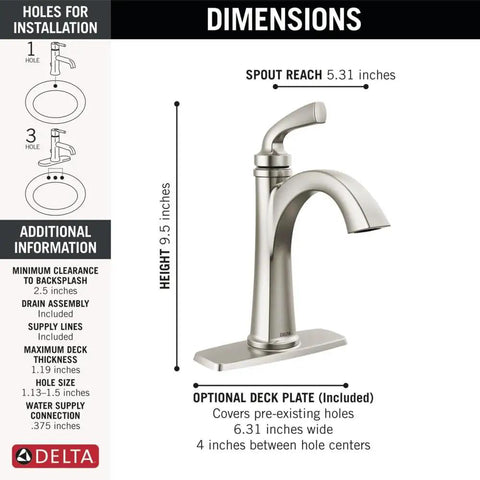 Dimensions of No Fuss Low Flow Brushed Nickel Single Hole Bathroom Faucet For Vanity With Push Pop Drain And Deck Plate Included