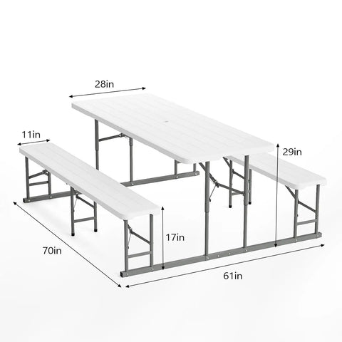 Folding Picnic Table And Bench Set With Wood Grain Plastic Top And Sturdy Metal Frame, Portable Outdoor Dining Gear with dimensions
