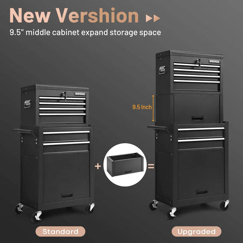 Six Drawer Rolling Tool Chest With Locking Cabinet On Wheels, 3 In 1 Tool Cabinet With Sliding Drawers And Removable Top Box