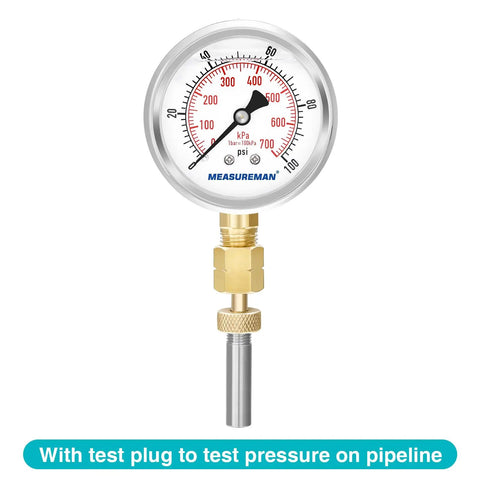 Glycerin Filled Two And A Half Inch Pressure Gauge Kit With Beefy Brass Adapter One Quarter NPT Female Stainless Steel Sheath 0 To 100 Psi Dual Scale KPa For Plumbing HVAC And Gas Lines Heavy Duty Test Tool