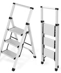 Ultra Lightweight Aluminum 3 Step Ladder Folding Stool With Safety Handrail Heavy Duty 600 Pound Capacity Anti Slip Pedals Slim Fold Design For Home Use And Everyday DIY Projects, folded and open views