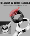 Close-up of ratcheting wrench 72-tooth mechanism, showing the angle turn, part of Ratcheting Wrench Set 22-Piece With Roll Up Pouch, SAE And Metric Combination Wrenches, 1/4 To 3/4 Inch And 6-18mm, Long Open End, Chrome Vanadium Steel, Mirror Finish, Durable Organizer For Home, Garage, Auto.