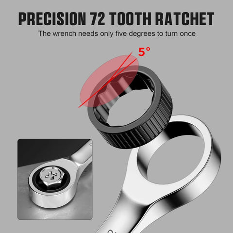 Close-up of ratcheting wrench 72-tooth mechanism, showing the angle turn, part of Ratcheting Wrench Set 22-Piece With Roll Up Pouch, SAE And Metric Combination Wrenches, 1/4 To 3/4 Inch And 6-18mm, Long Open End, Chrome Vanadium Steel, Mirror Finish, Durable Organizer For Home, Garage, Auto.
