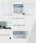 Hella Cool 1.1 Cubic Foot Compact Upright Freezer With Slick Removable Baskets Reversible Door And Smooth Temperature Adjustment For Dorm Apartment Or Office Storage In Clean White, showcasing adjustable foot and removable shelf.