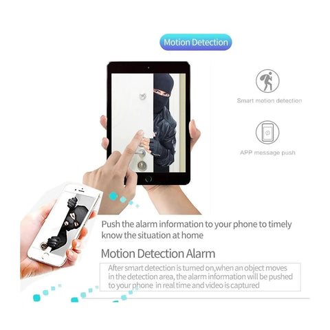 5MP Bullet WiFi IP Security Camera With Motion Alert And Remote Access For Foolproof Home Surveillance Featuring Built In Mic Two Way Audio And Micro SD Support shows motion detection alert on tablet.