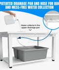 Washer And Dryer Pedestal 29 Inch Wide 16 Inch High White Steel Universal Fit With Major Brands showing drainage pan and hose