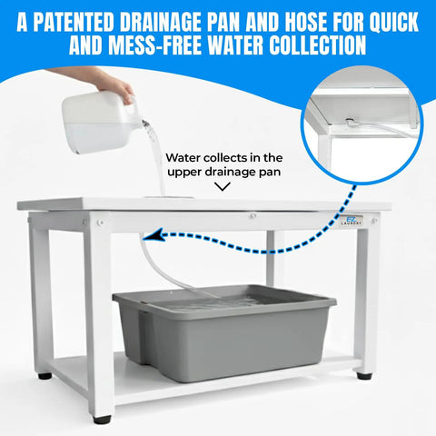 Washer And Dryer Pedestal 29 Inch Wide 16 Inch High White Steel Universal Fit With Major Brands showing drainage pan and hose