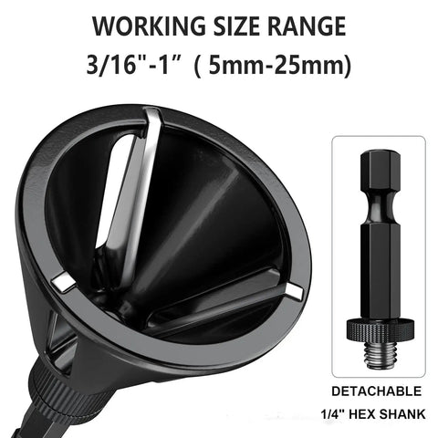 Straight Fire Deburring And Chamfering Tool With Tungsten Carbide Blades Quick Release Quarter Hex Shank Burr Removal Bit For Steel And Metal Fast Chip Clearance Range showing 5mm-25mm size range and detachable hex shank.