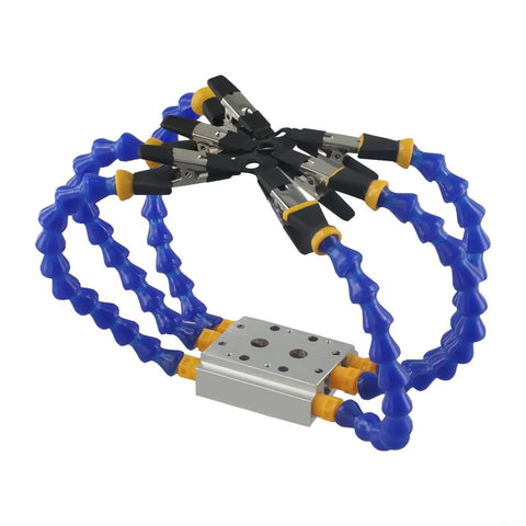 Hosrivae Flexible Helping Hands Tool With 6 Adjustable Vise Arms And Heat Resistant Clip Tips For Soldering Iron Holder and Precision PCB Welding Repair Station Work, blue flexible arms and steel clips.