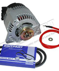 Slick Bolt On 100 Amp Alternator Upgrade Kit With Heavy Duty Charging Cables For Land Rover Defender 90 110 130 200 Tdi showing alternator and drive belt, underhood upgrade.