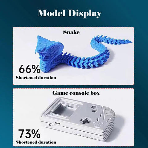 3D print models using Hot End Replacement Kit for Kobra 2, featuring a blue snake and a game console box with time percentages.