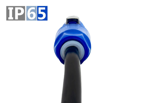 Close-up of 3 Foot Powercon Locking Power Extension Cable Male To Female 14 Awg with IP65 rated blue connector.