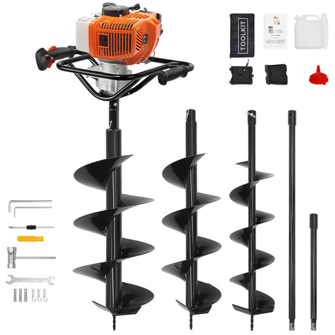 62cc Gas Powered Post Hole Digger With 2 Extension Rods And 6 Inch And 8 Inch Auger Bits For Fencing Gardening And Construction
