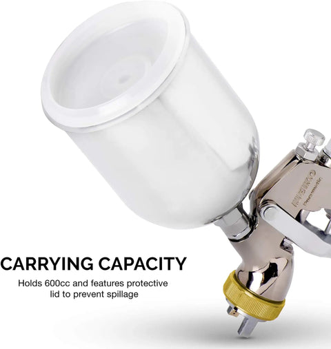 Beast Workhorse HVLP Gravity Feed Paint Sprayer With 1.7 mm Nozzle 600 CC Air Regulator All Steel Body shown with protective cup lid