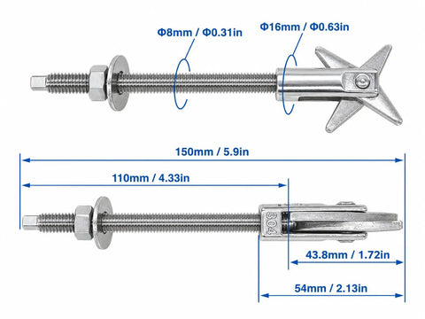Tough As Nails Heavy Duty X Head Toggle Bolts For Hollow Wall Drywall Anchor Fasteners M8X150mm Pack Of 4 with dimensions shown.