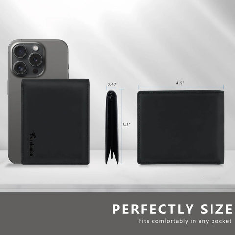 Image showing Genuine Leather Bifold Wallet For Men With Gift Box Handmade Style RFID Blocking, dimensions next to smartphone for size comparison.