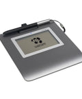 Slick Low Profile Signature Pad With A Sharp 4.5 Inch Monochrome Screen Built For Hassle Free Digital Signing On Pc And Mac The Tight Design Keeps Your Desk Clean While You Get Things Done Remotely showing a gray signing tablet with a stylus.