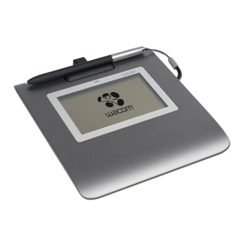 Slick Low Profile Signature Pad With A Sharp 4.5 Inch Monochrome Screen Built For Hassle Free Digital Signing On Pc And Mac The Tight Design Keeps Your Desk Clean While You Get Things Done Remotely showing a gray signing tablet with a stylus.