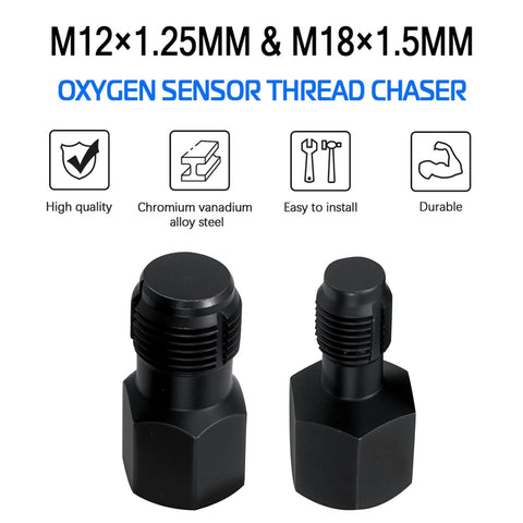 Amazon oxygen sensor thread chasers two-pack, black, M18x1.5mm and M12x1.25mm with 3/8-inch drive.
