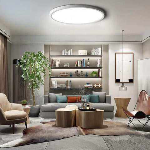 Living room with 15.7 Inch Ultra Thin Flush Mount LED Ceiling Light 32W 3800LM 5000K Daylight White Round Modern Fixture