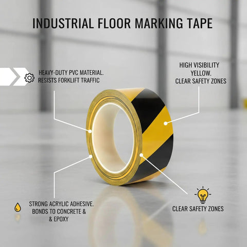 Top Shelf Yellow Floor Marker Tape With Hell Yeah Adhesion For Concrete And Epoxy Surfaces, durable PVC, ideal for safety markings.