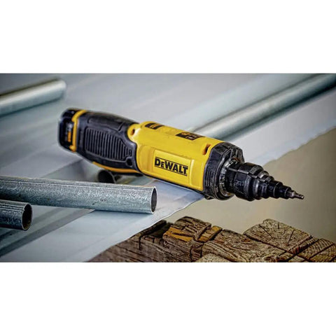 8V Max Cordless Screwdriver With Gyroscopic Control And Conduit Reamer, Refurbished Like New, placed on workshop table