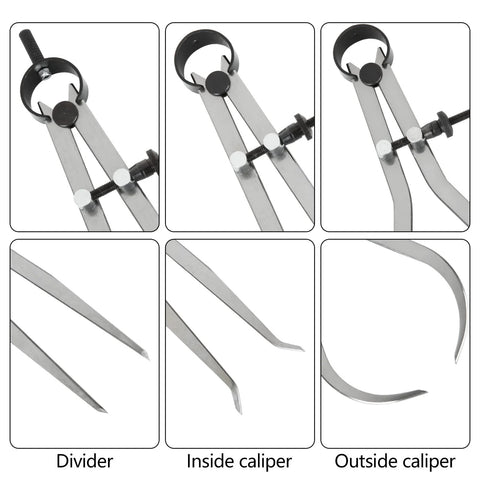 Acrux7 3-piece 8-inch carbon steel spring caliper set featuring divider, inside caliper and outside caliper jaws.