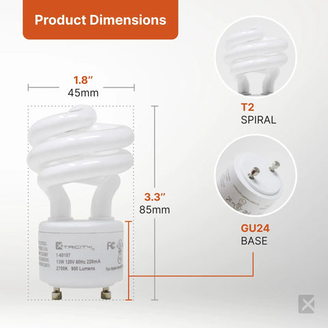 2 Pack GU24 Light Bulbs 13W CFL Replacement For 60W Equivalents Mini T2 Spiral 2700K Soft White 900 Lumens 120V UL Listed With Instant On And Flicker Free Performance