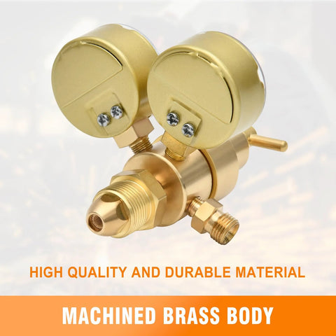 Argon/CO2 welding regulator with dual gauges and brass body, front view