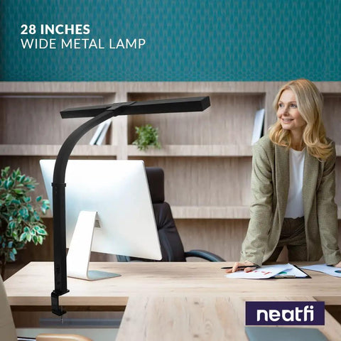 Beefy 3000 Lumen LED Desk Lamp With Clamp in home office, dimmable with 5 brightness levels, 28-inch light bar displayed