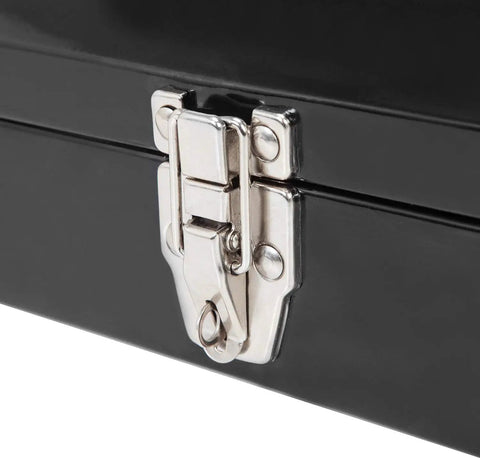 Close-up of latch on must have 15.5 inch plastic storage toolbox with removable tray and adjustable dividers for effortless organization.