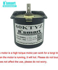 Front view of 60KTYZ 110V Synchronous AC Reduction Motor With Gearbox, showcasing label details and metal top shaft.