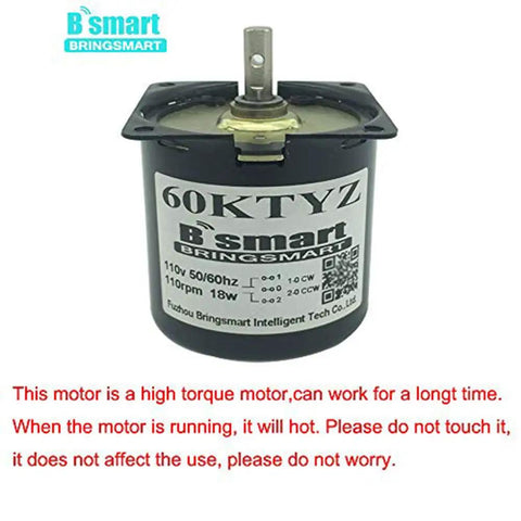 Front view of 60KTYZ 110V Synchronous AC Reduction Motor With Gearbox, showcasing label details and metal top shaft.