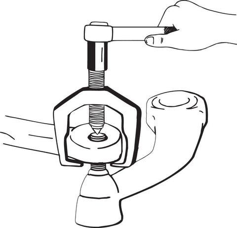 Diagram of Beefy Heavy Duty Pitman Arm Puller for Ford F-Series Trucks 2005+, with forged heat-treated jaws in use.